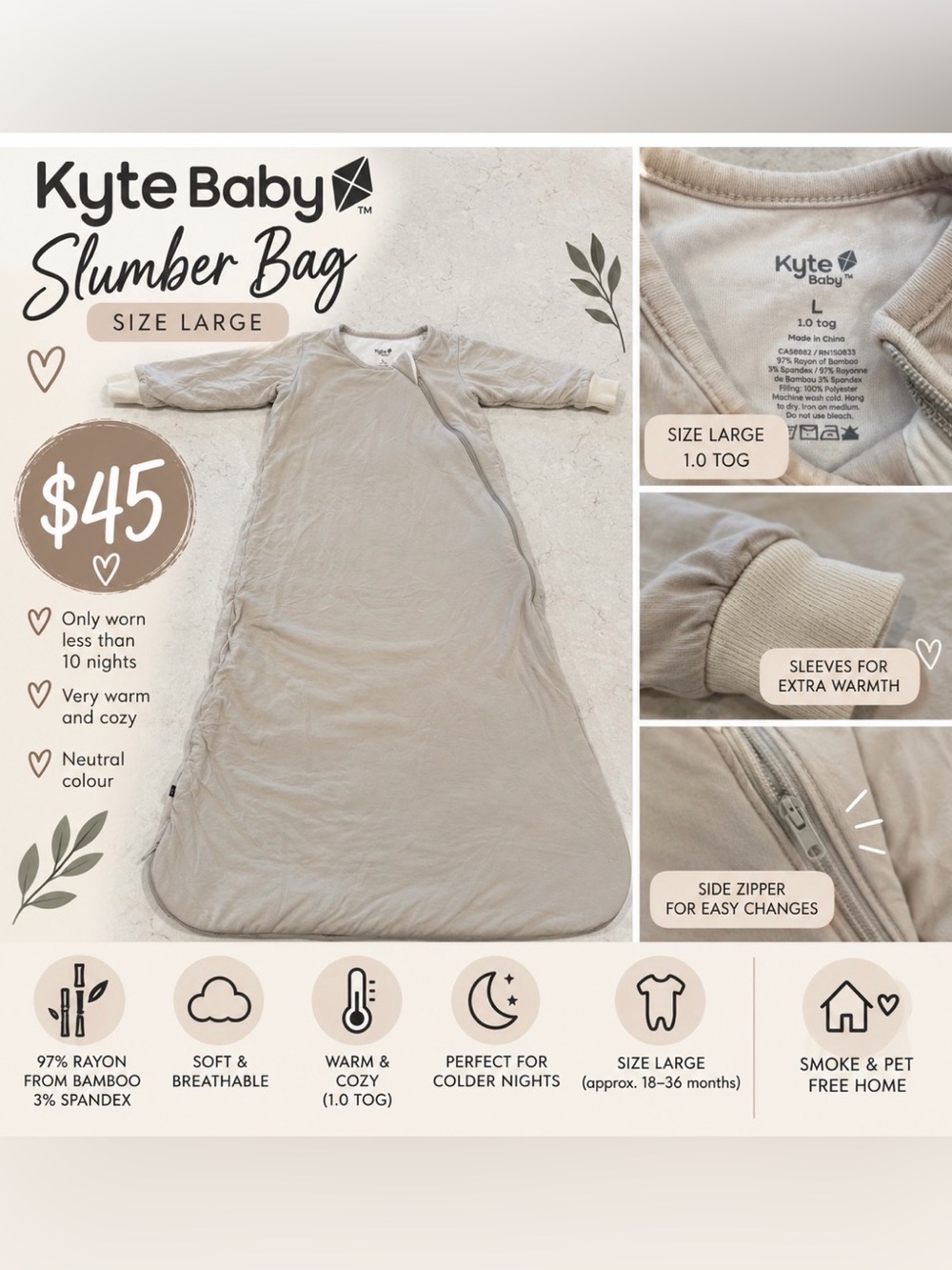 Kyte Baby Slumber Bag – Size Large | 1.0 TOG | $45 🤍